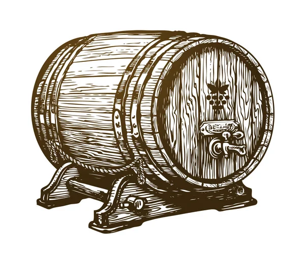 Casco de vinho de madeira desenhado à mão. Bebe, esboço de barril de carvalho. Ilustração vetorial vintage — Vetor de Stock
