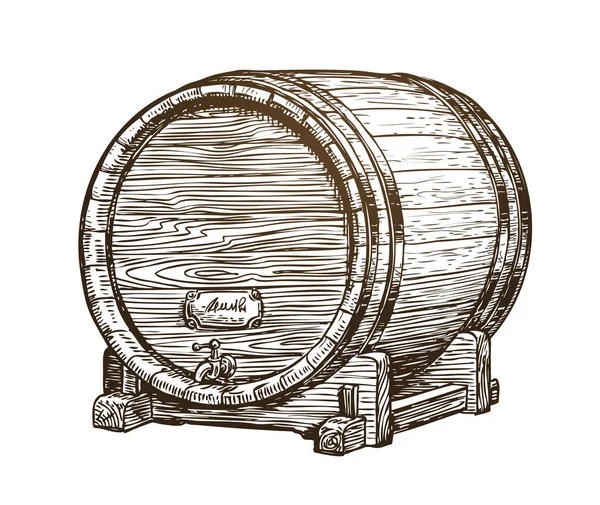 Bote de vino de madera vintage dibujado a mano. Bebe, boceto del barril de roble. Ilustración vectorial — Vector de stock