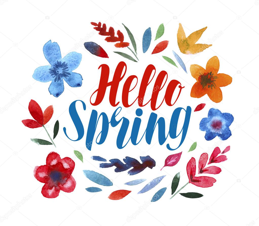 Hello spring, lettering. Flower pattern isolated on white background