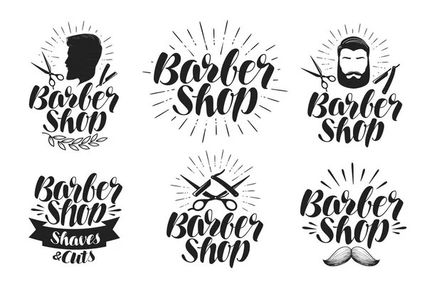 Barber shop, label set. Scheren, kapsel, schoonheidssalon logo. Belettering, vectorillustratie — Stockvector