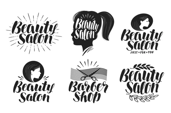 Salão de beleza, conjunto de etiquetas. Maquiagem, logotipo da barbearia. Lettering, caligrafia ilustração vetorial — Vetor de Stock