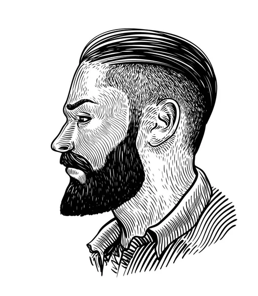 Ручной портрет бородатого мужчины в профиль. Хипстерский скетч. Винтажная векторная иллюстрация — стоковый вектор
