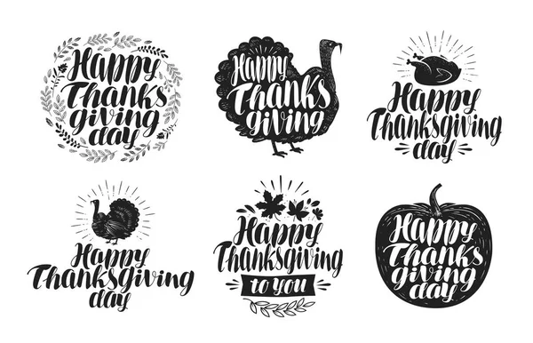 Happy Thanksgiving, label set. Holiday icons or symbols. Lettering, vector illustration — Stock Vector