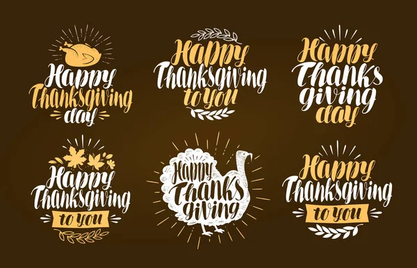 Happy Thanksgiving címke beállítása. Holiday szimbólum vagy logo. Betűkkel vektoros illusztráció — Stock Vector