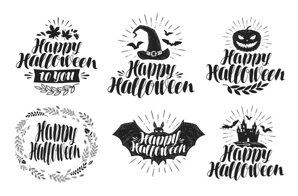 Halloween, label set. Holiday symbol or logo. Handwritten lettering, vector illustration — Stock Vector