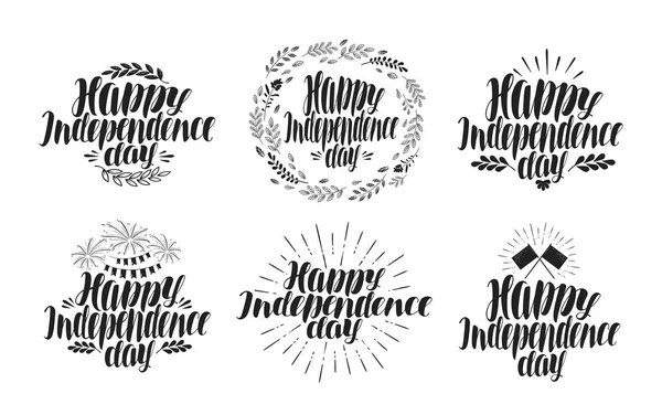 Feliz día de la Independencia, conjunto de etiquetas. Símbolo de vacaciones o logotipo. Hermosa letra manuscrita, ilustración vectorial — Archivo Imágenes Vectoriales
