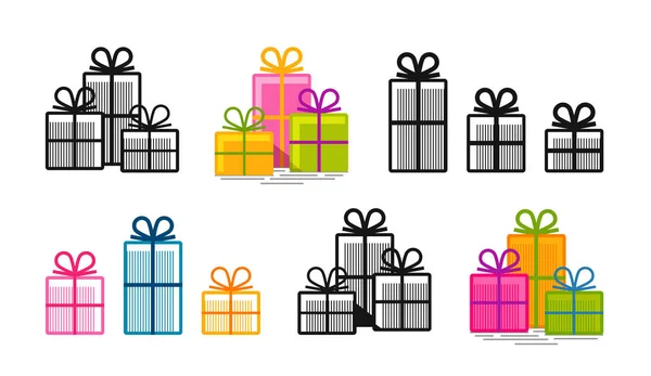 Regalos, iconos establecidos. Sorpresa, compras, símbolo de caja o logotipo. Ilustración vectorial — Vector de stock