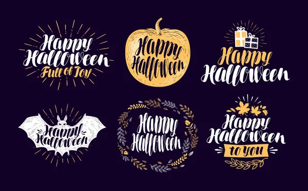 Halloween fericit, set de etichete. Simbolul vacanței sau logo-ul. Scrisoare, caligrafie ilustrație vectorială — Vector de stoc