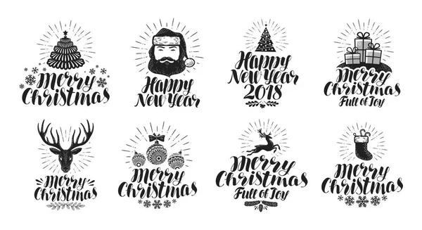 Prettige kerstdagen en gelukkig Nieuwjaar, label set. Xmas, vakantie pictogrammen of logo's. Belettering vectorillustratie — Stockvector