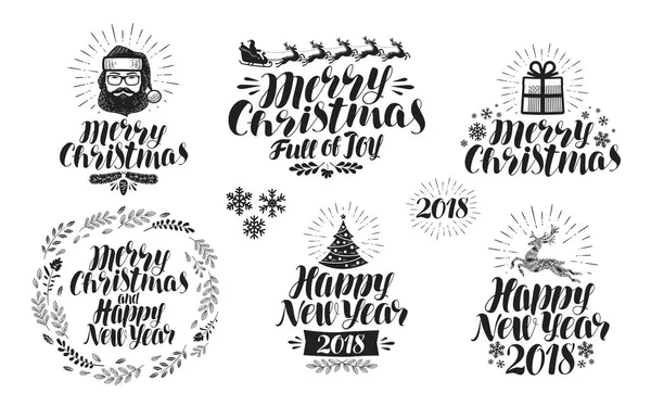 Merry Christmas or Happy New Year, label set. Xmas icon or logo. Typographic design, lettering, calligraphy vector illustration — Stock Vector