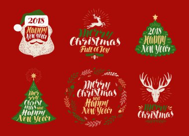 Neşeli Noel ve mutlu yeni yıl, etiket kümesi. Xmas simgeler veya logolar. Yazı, hat illüstrasyon vektör