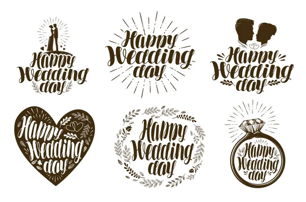 Joyeux jour de mariage, étiquette réglée. Couple marié, icône de l'amour ou logo. Illustration vectorielle de lettrage — Image vectorielle