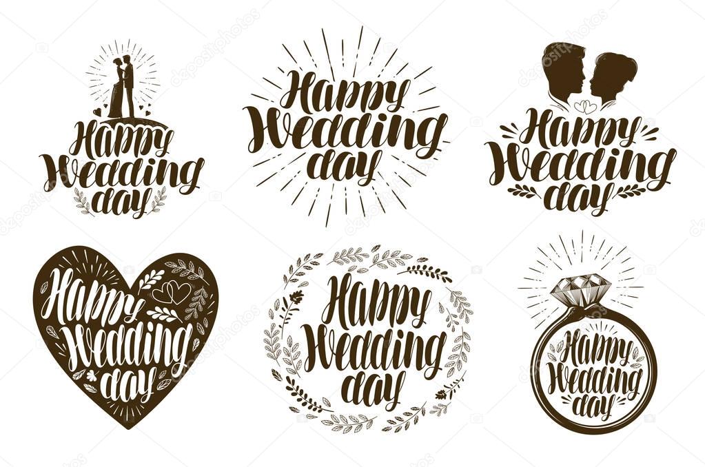 Happy Wedding day, label set. Married couple, love icon or logo. Lettering vector illustration