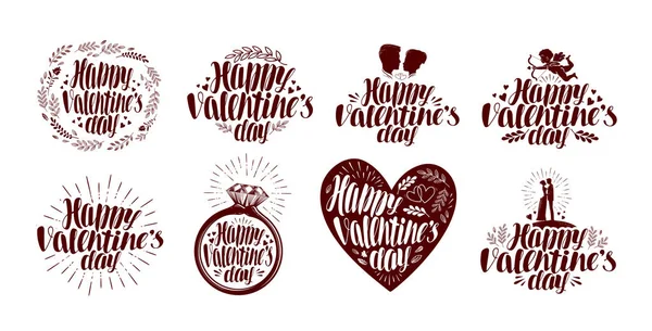 Glücklicher Valentinstag, Etikettenset. Feiertagsikone oder -symbol. Schriftzug, Kalligrafie-Vektorillustration — Stockvektor
