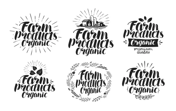 Productos agrícolas, conjunto de etiquetas. Agricultura, agricultura, icono orgánico o logotipo. Letras, caligrafía vector ilustración — Vector de stock