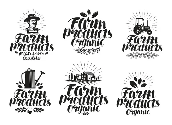 Productos agrícolas, conjunto de etiquetas. Agricultura, icono de la agricultura o símbolo. Ilustración vectorial de letras manuscritas — Vector de stock