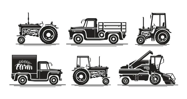 Transport agricole, définir des icônes. Tracteur agricole, camion, camion, moissonneuse-batteuse, moissonneuse-batteuse, pick-up, symbole de voiture. Illustration vectorielle silhouette — Image vectorielle