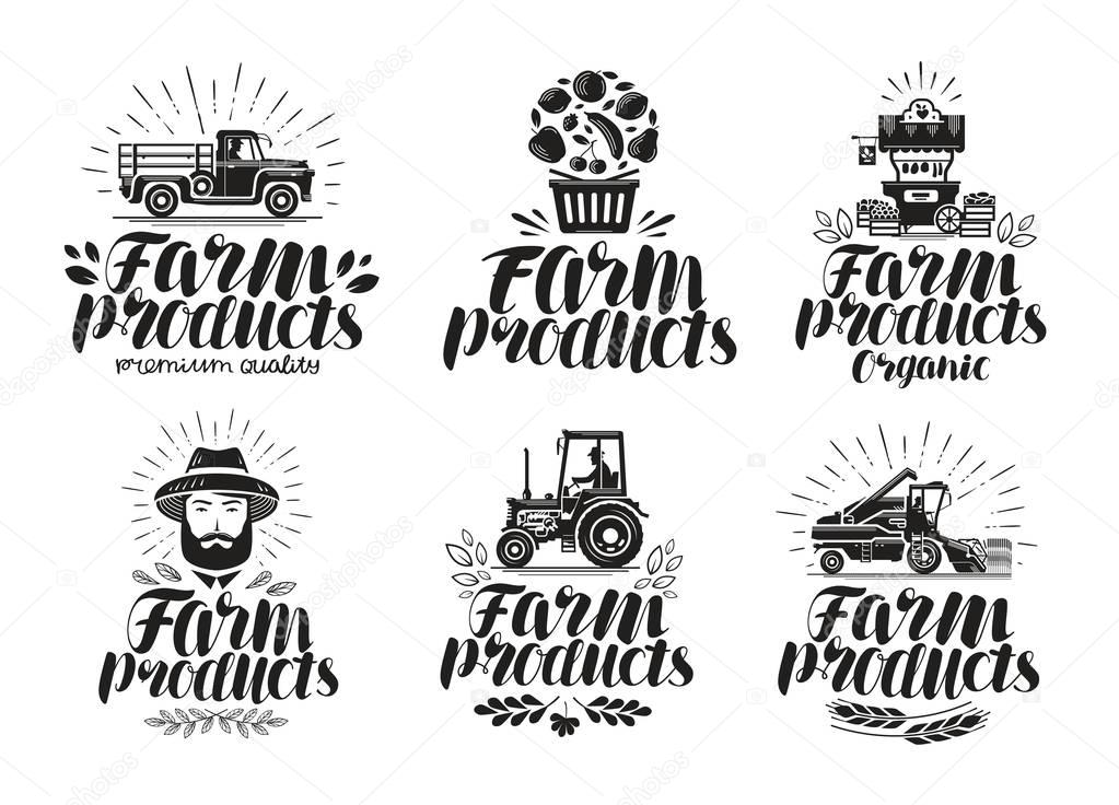 Farm products, label set. Farming, agriculture logo or icon. Lettering vector illustration isolated on white background