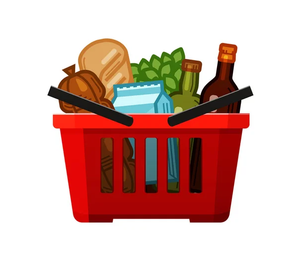 Compras de comestibles. Cesta, tienda, comida y bebidas icono. Dibujos animados vector ilustración — Archivo Imágenes Vectoriales