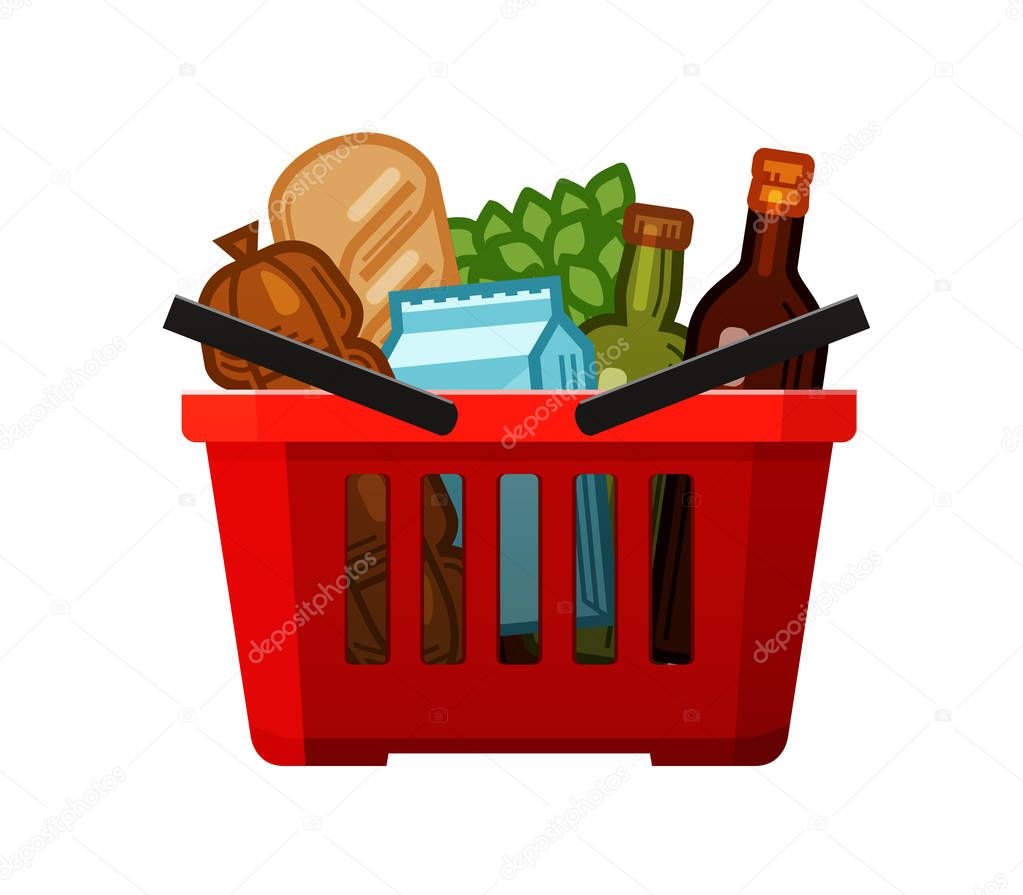 Grocery shopping. Basket, store, food and drinks icon. Cartoon vector illustration isolated on white background