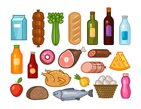 Eten en drinken pictogrammen instellen. Kruidenier winkelen concept. Vectorillustratie getrokken in vlakke stijl — Stockvector