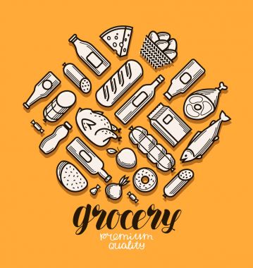 Yiyecek ve içecek Icons set. Bakkal afiş. Vektör çizim