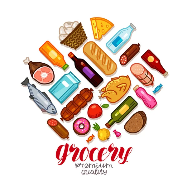 Tienda de comestibles, pancarta. Conjunto de iconos de alimentos y bebidas. Ilustración vectorial — Vector de stock