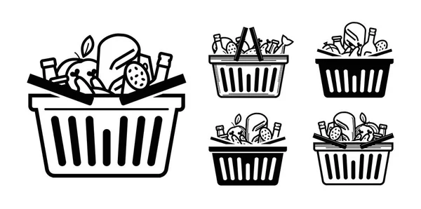 Ícone da mercearia. Carrinho de compras ou cesta cheia de alimentos e bebidas. Ilustração vetorial —  Vetores de Stock