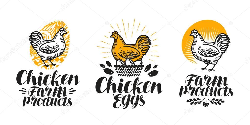 Chicken, hen label set. Poultry farm, egg, meat, broiler, pullet icon or logo. Handwritten lettering vector illustration isolated on white background