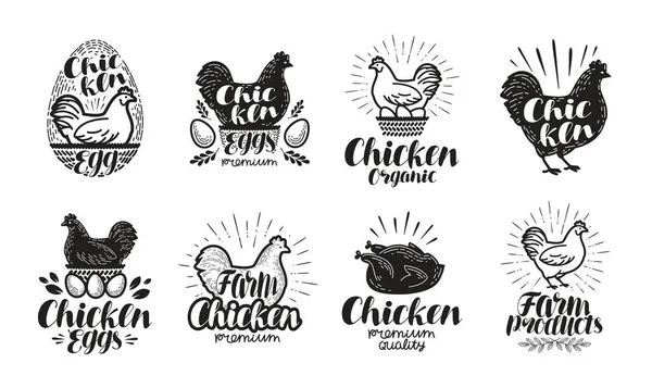 Frango, aves de capoeira conjunto rótulo da fazenda. Alimentos, carne, ícones de ovos ou logotipos. Ilustração vetorial de letras — Vetor de Stock
