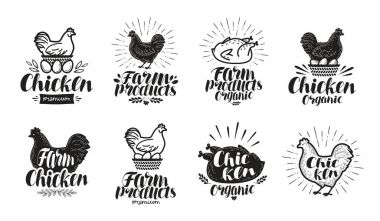 Tavuk etiket kümesi. Yemek, tavuk çiftliği, et, yumurta kutsal kişilerin resmi veya logosu. Yazı vektör çizim