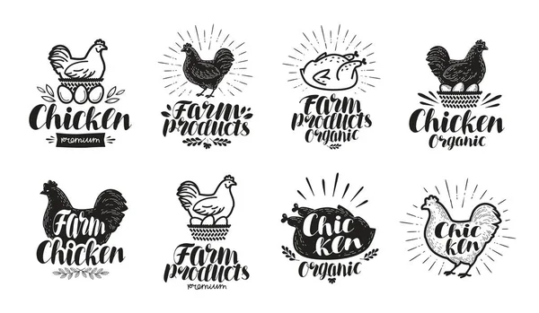 鶏のラベルのセット。食品、養鶏場、肉、卵アイコンやロゴ。文字ベクトル図 — ストックベクタ