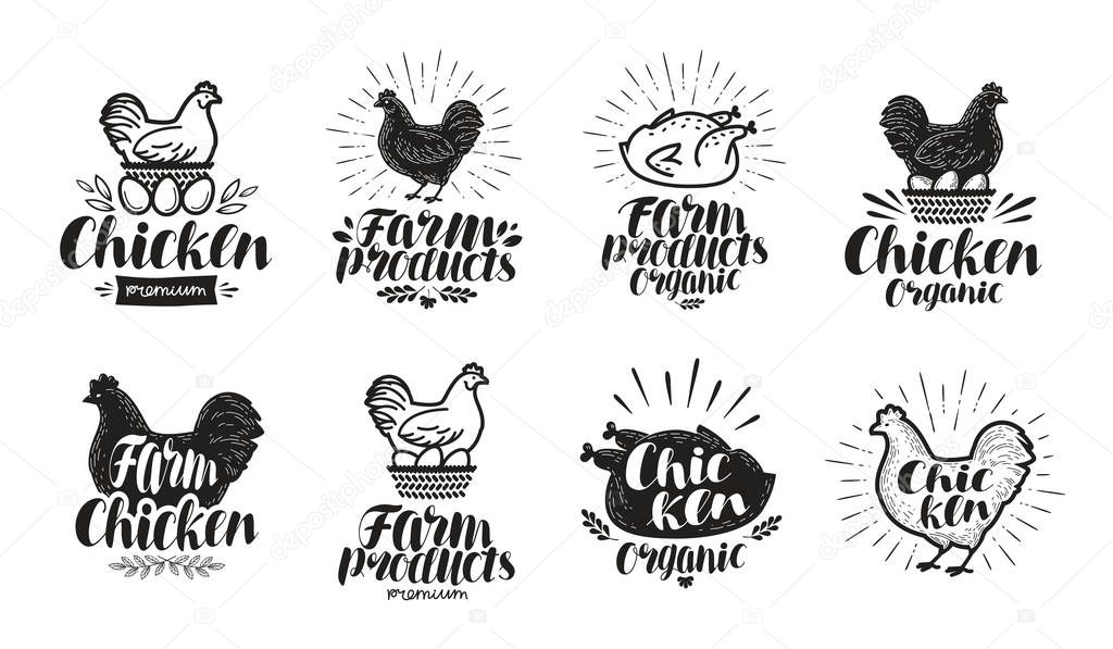 Chicken label set. Food, poultry farm, meat, egg icon or logo. Lettering vector illustration isolated on white background