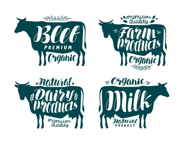 Αγελάδα, ετικέτα συνόλου. Γάλα, βόειο κρέας, γαλακτοκομικά προϊόντα, κρέας, εικονίδιο αγρόκτημα ή λογότυπο. Γράμματα, καλλιγραφία διανυσματικά εικονογράφηση — Διανυσματικό Αρχείο