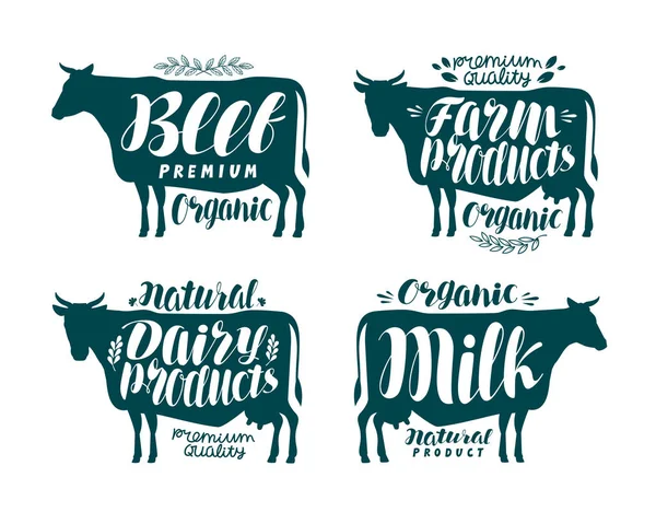 Vache, étiquetée. Lait, boeuf, produits laitiers, viande, icône ou logo de la ferme. Lettrage, calligraphie illustration vectorielle — Image vectorielle