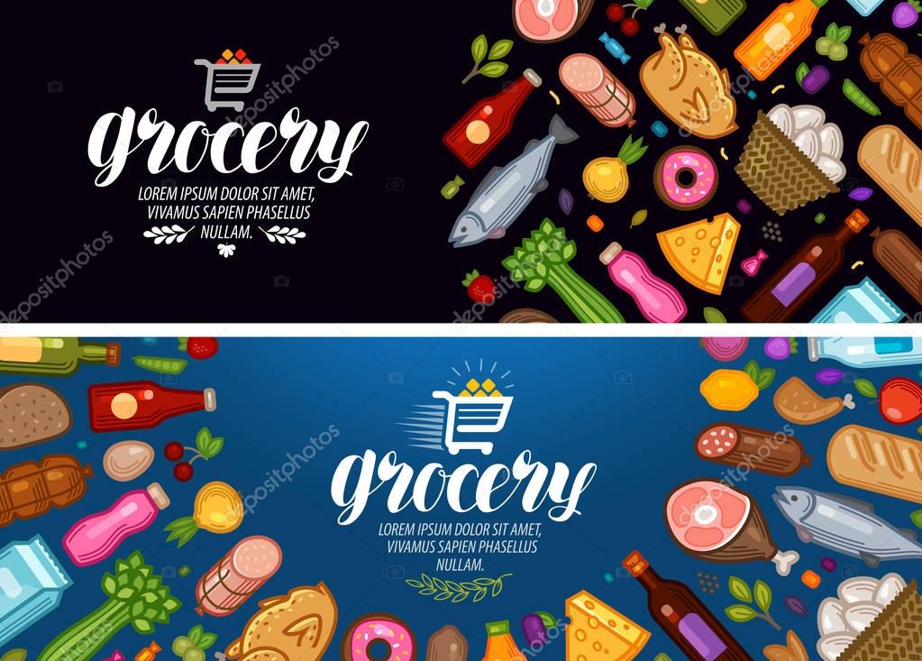 Grocery store, banner. Food and drinks label Vector