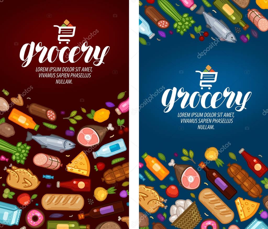 Grocery store, label. Food supermarket banner Vector
