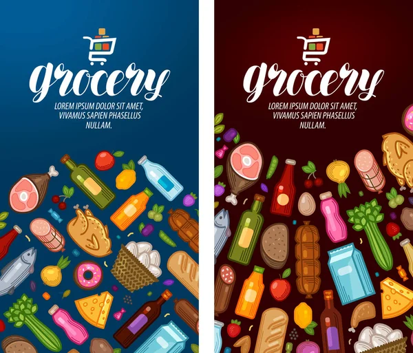 Grocery, food shop, supermarket label. Banner design template. Vector illustration — Stock Vector
