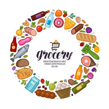 Bakkal, banner. Gıda, içecekler set simgeler. Vektör çizim