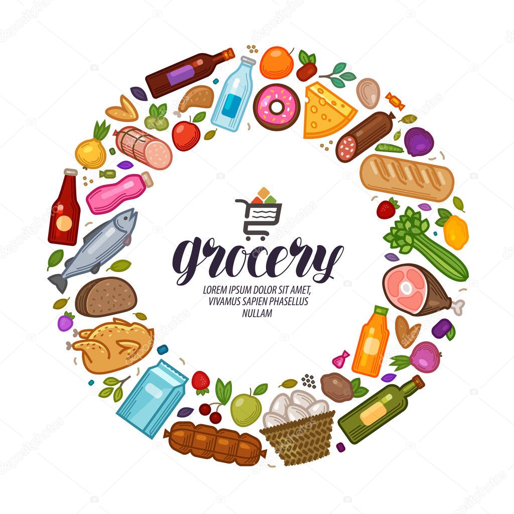 Grocery store, banner. Food, drinks set icons. Vector illustration