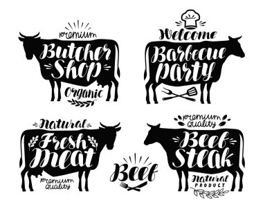 Kasap dükkanı, Barbekü partisi etiket kümesi. Et, sığır eti biftek, Barbekü simgesini veya logo. Yazı vektör çizim