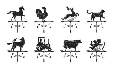 Rüzgar gülü siluet, set simgeler. Windvane, weathervane sembolü veya logosu. Vintage vektör çizim