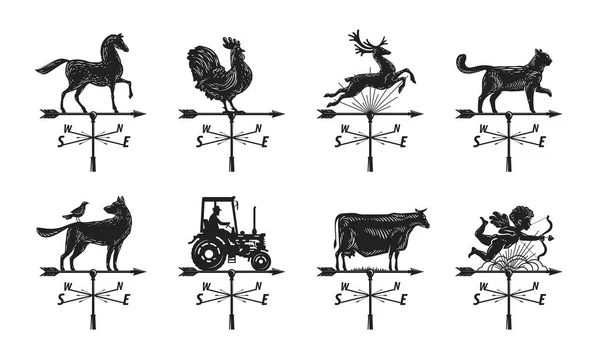 Windwijzer silhouet, set pictogrammen. Windvane, weathervane symbool of logo. Vintage vectorillustratie — Stockvector