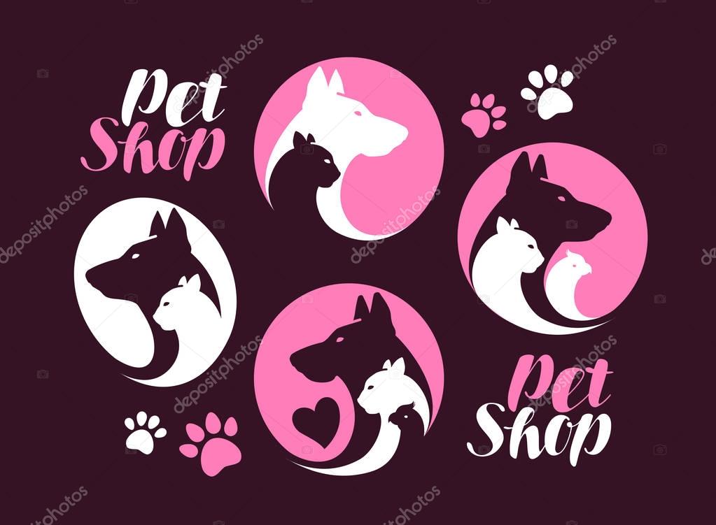 Pet shop, label set. Dog, cat, parrot animal icon or logo