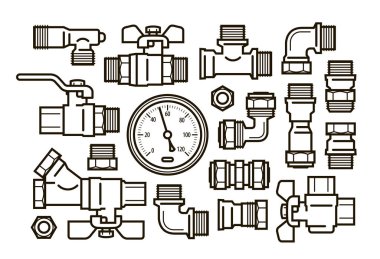 Sanitary engineering, plumbing set icons. Water supply, heating concept. Vector illustration