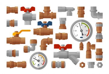 Sıhhi teknik, sıhhi tesisat donatımı Icons set. Manometre basınç, metre, sanayi, bağlantı parçaları, su kavramı. Vektör çizim