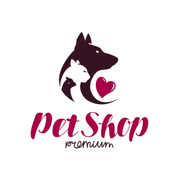 Pet shop logo. Zvířecí útulek, pes, kočka, papoušek ikonu nebo popisek. Nápis vektorové ilustrace — Stockový vektor