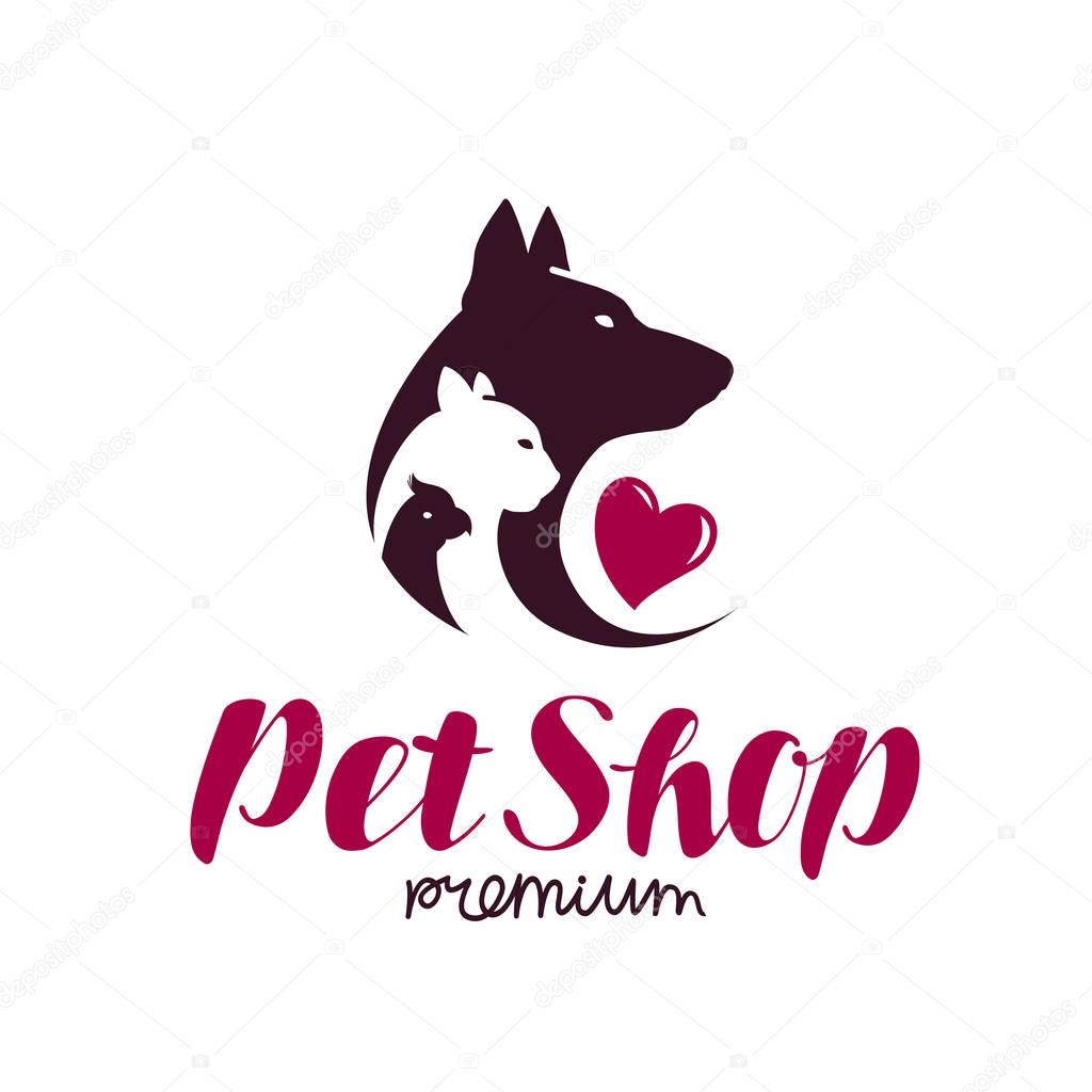 Pet shop logo. Animals, dog, cat, parrot icon or label. Lettering vector illustration isolated on white background