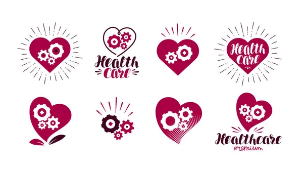 Υγεία, υγειονομική περίθαλψη λογότυπο. Καρδιά, γρανάζια, ζωτική ενέργεια έγγραφοεικονίδιο ή το σύμβολο. Εικονογράφηση διάνυσμα ετικέτα — Διανυσματικό Αρχείο