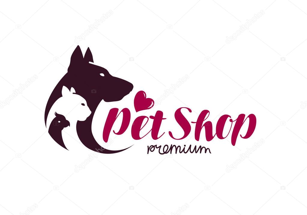 Pet shop logo. Animals cat, dog, parrot icon. Vector illustration